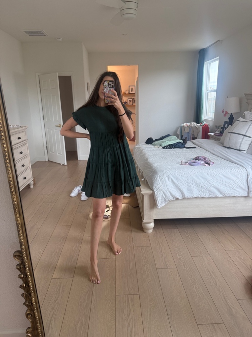 Aura Dark Green Tiered Mini Dress